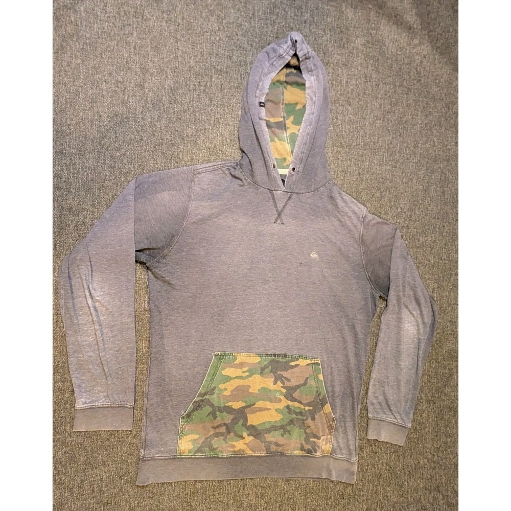 Quiksilver Y2K Pullover Faded Camo Hoodie Shirt Size Large Gray Hooded Surf Tee